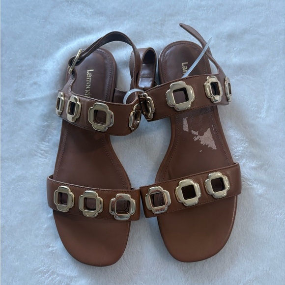 Larroude Shoes - Larroude Milan Caramel Brown Sandals Chic Gold Accents Staple Women’s 7.5 NWOT